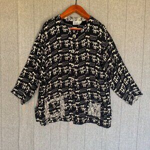 90s Vintage Chico's Black‎ Cream Cave Art Zebra Print Silver Button Front Tunic